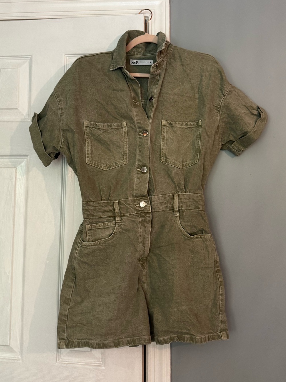 Zara Cotton Blend Olive Military Green Denim Utility Romper